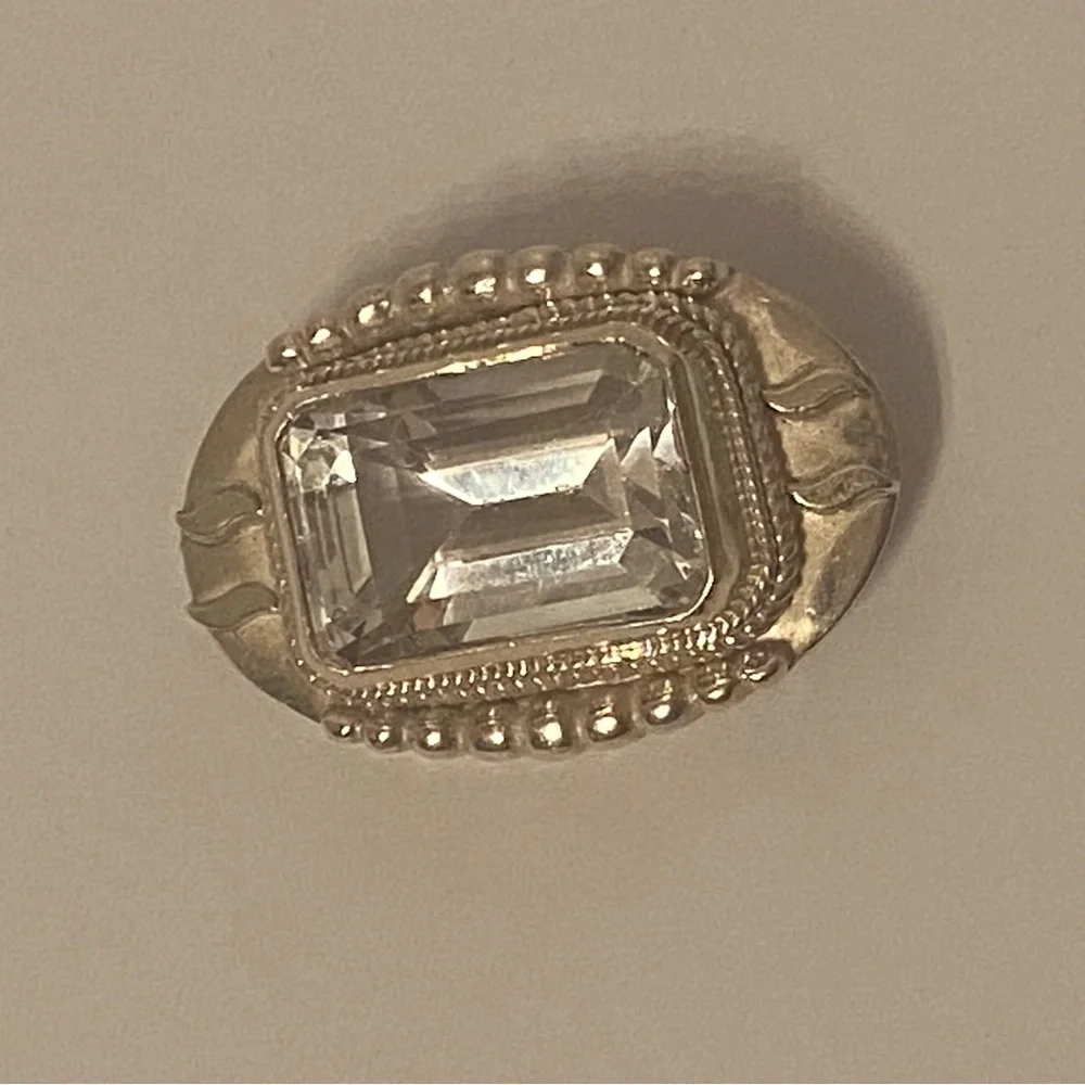 BROOCH VINTAGE STERLING SILVER 925 OVAL LARGE FACETED RECTANGLE CRYSTAL JEWELRY